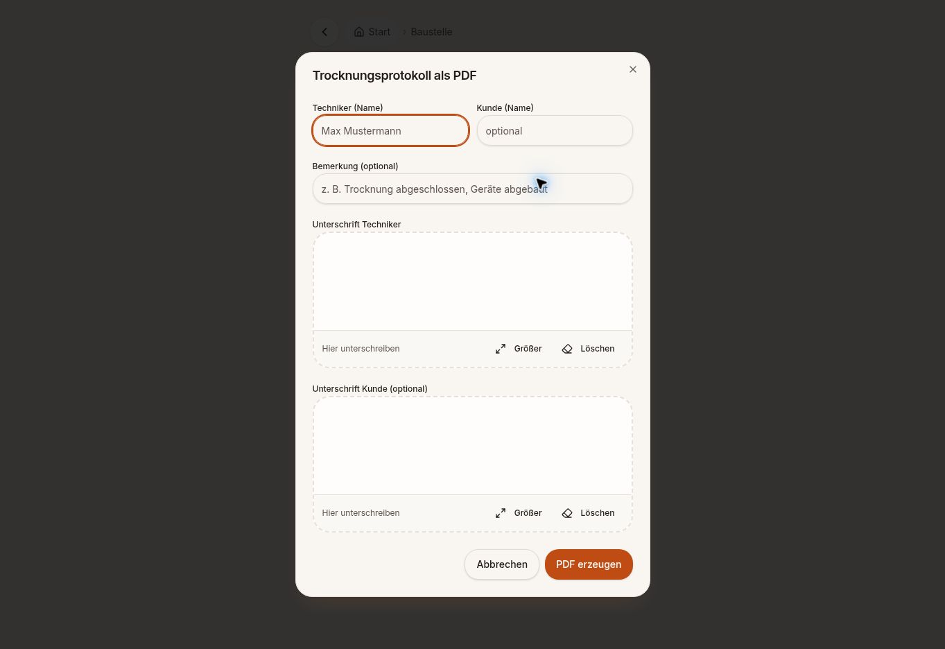 Dialog in LuchsFlow zur PDF-Erzeugung eines Trocknungsprotokolls mit Feldern für Techniker und Kunde, Bemerkung und zwei Unterschriftsfeldern.